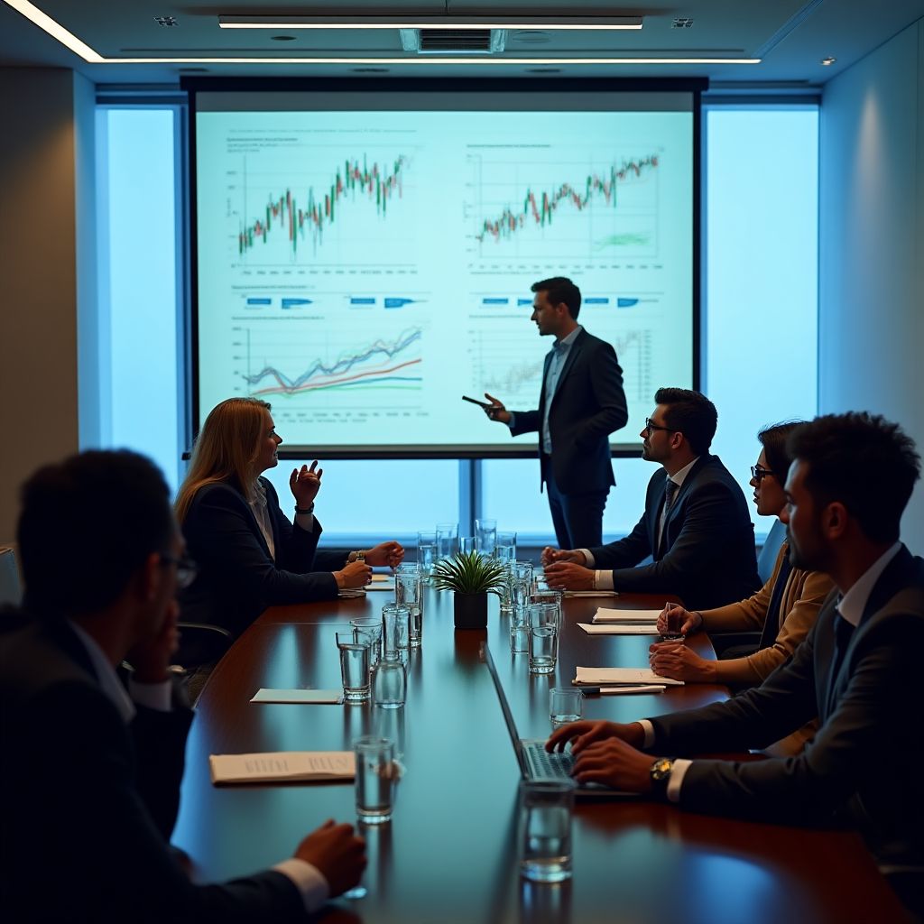 Equipo de analistas financieros en reunión
